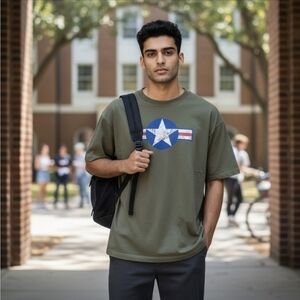T-Shirt Military Green American Spartan Apparel USAAF Star & Bar Roundel Size L